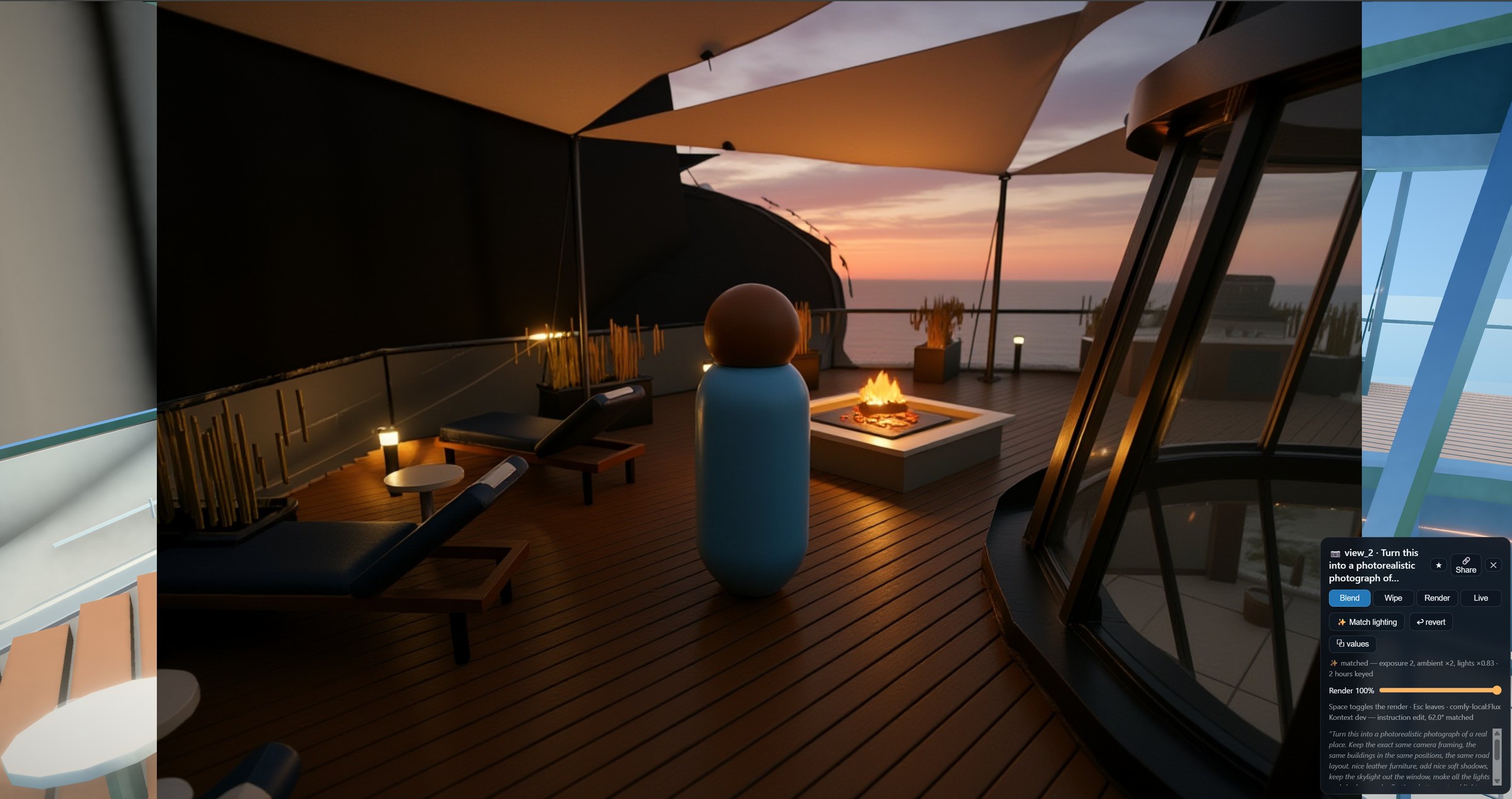 The Spire's roof terrace at dusk, fire pit lit, blended against a Flux relight — the compare panel open at the right
