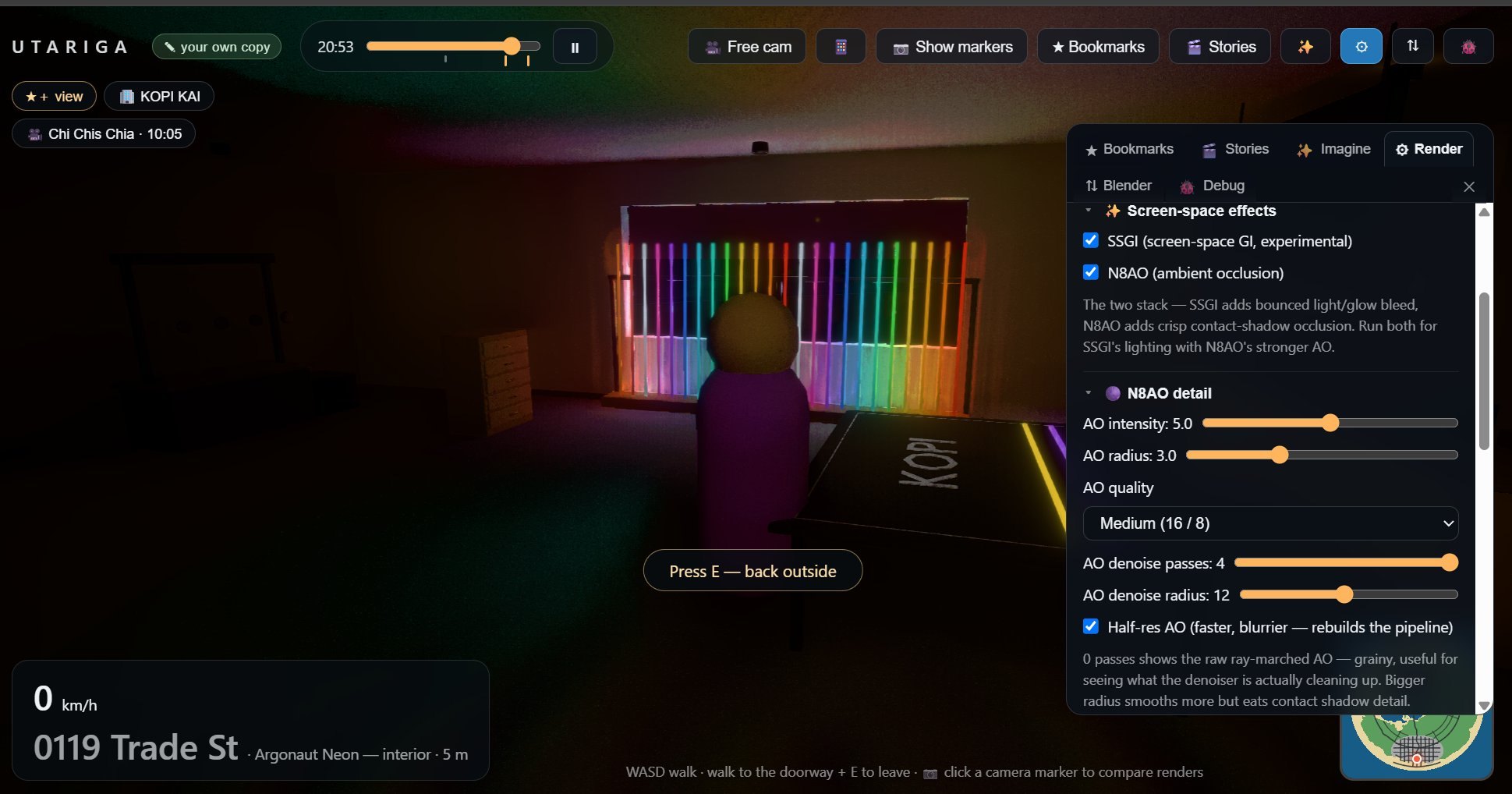 The Argonaut Neon interior in the running app at 20:53, the rainbow tube rack glowing, with the render panel open on the SSGI and N8AO settings
