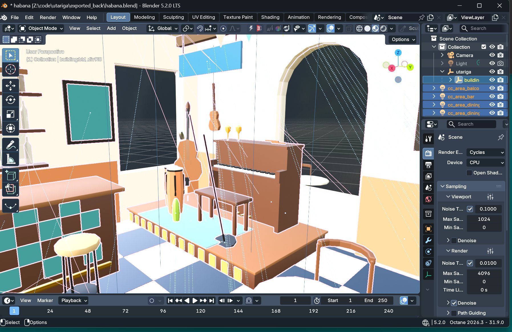 Blender viewport: the Chi Chi's Chia interior, band stage and seating, mid authoring pass