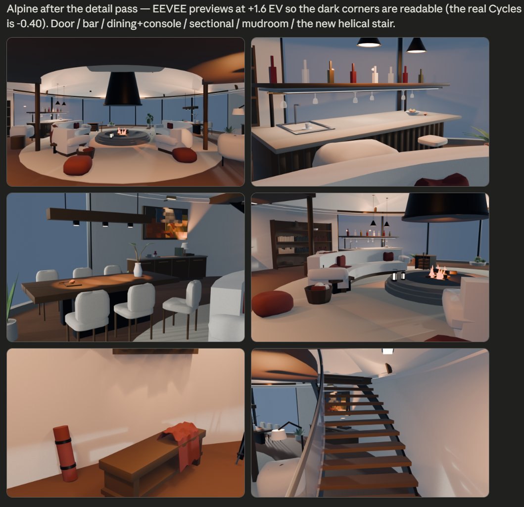 Six-up EEVEE contact sheet of the alpine interior after the detail pass