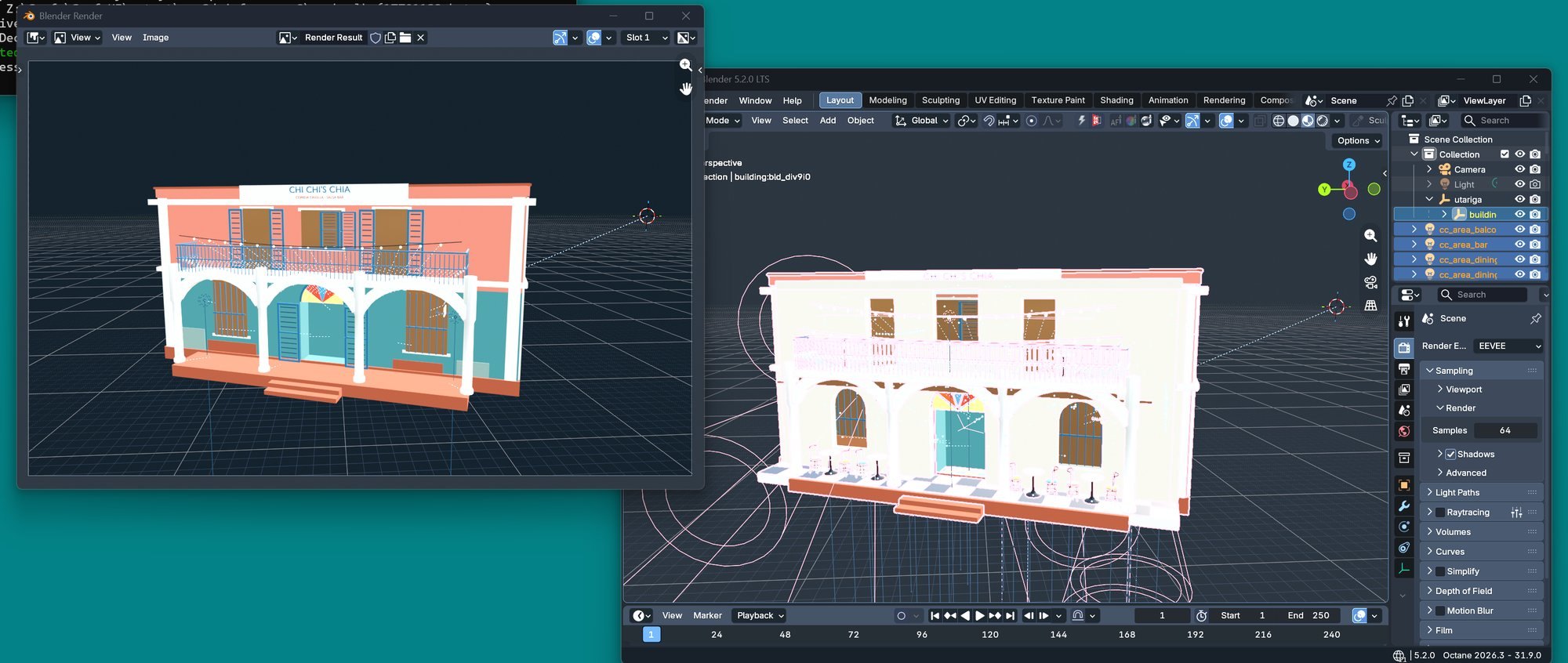 Blender, a Cycles render window and the running Utariga app open side by side