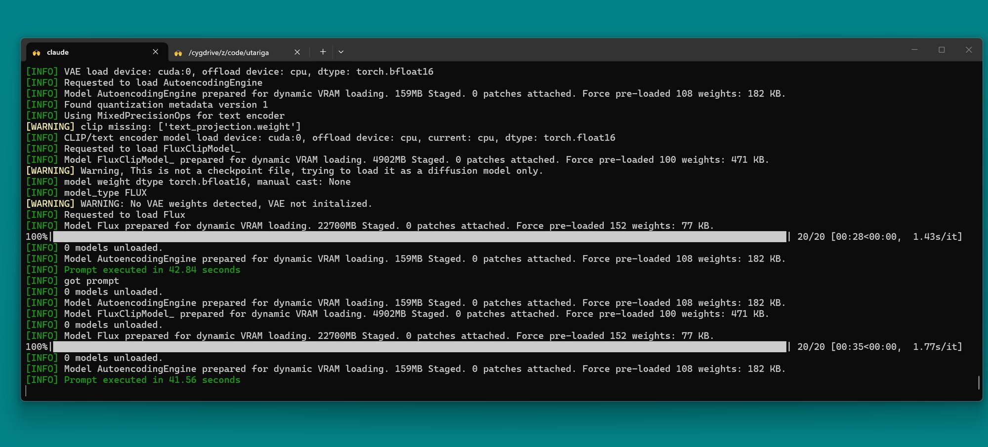 The local ComfyUI console running Flux at 20 steps, about 42 seconds per frame