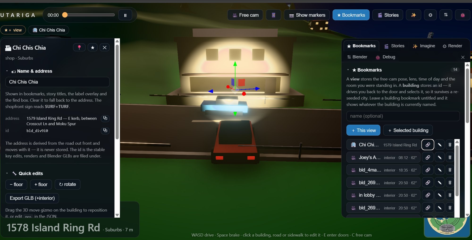 The Utariga building panel open on Chi Chi's Chia at night, with the Export GLB (interior) button visible