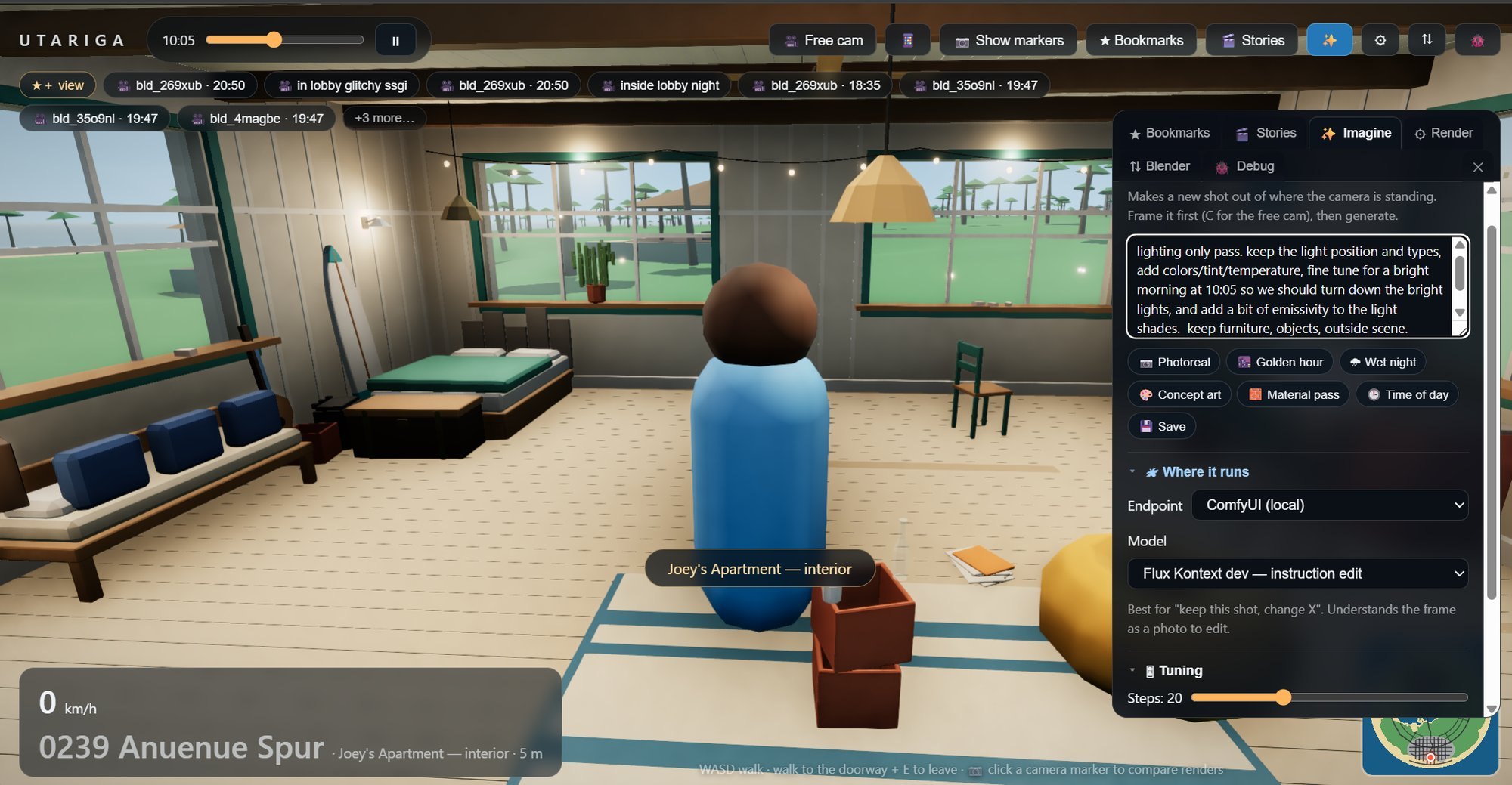 The same room after the Blender authoring pass, furnished and lit