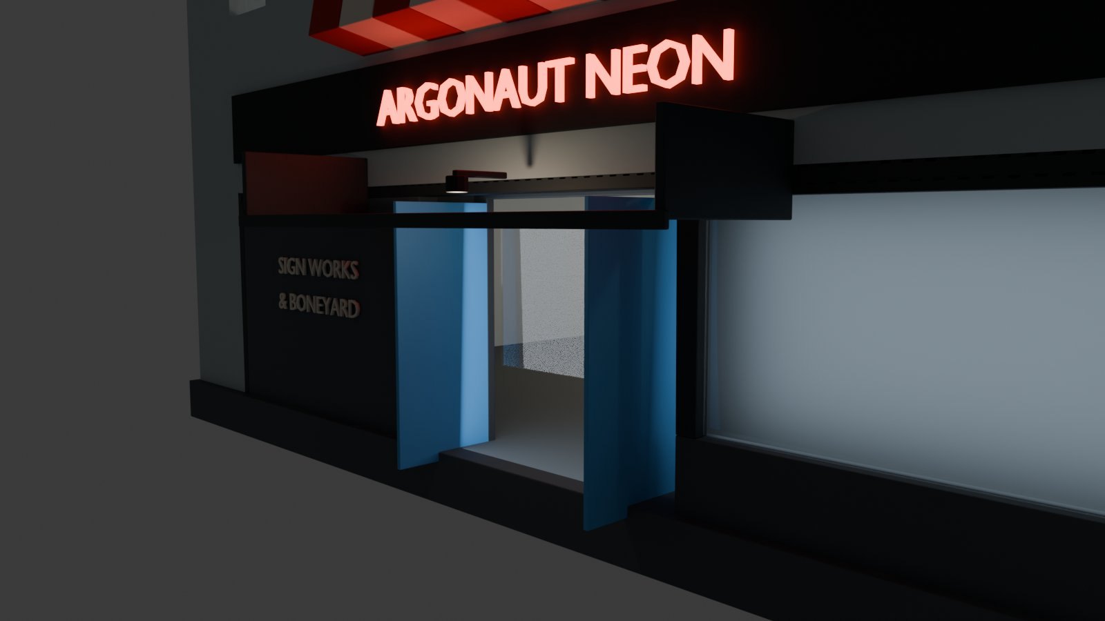 Cycles render: the Argonaut Neon storefront at night, sign burning over the door
