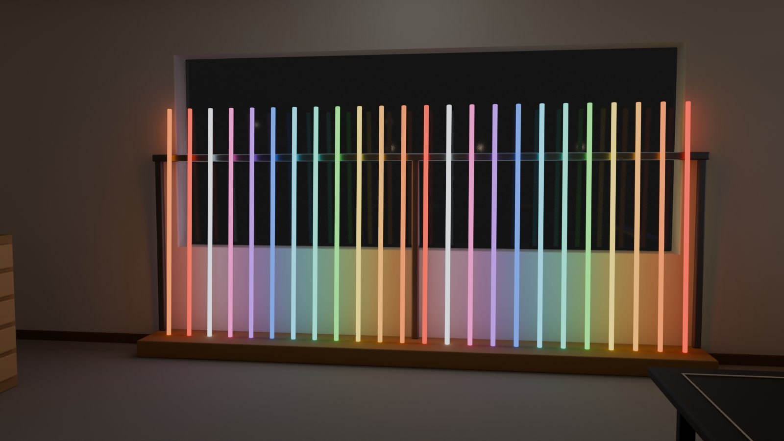 Cycles render: 24 neon tubes in spectrum order on a rack, each throwing its color on the wall