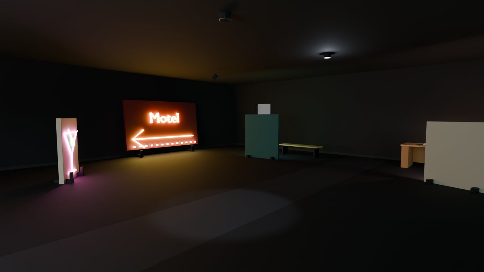 Cycles render: dark gallery lit by a salvaged MOTEL sign with a bulb arrow