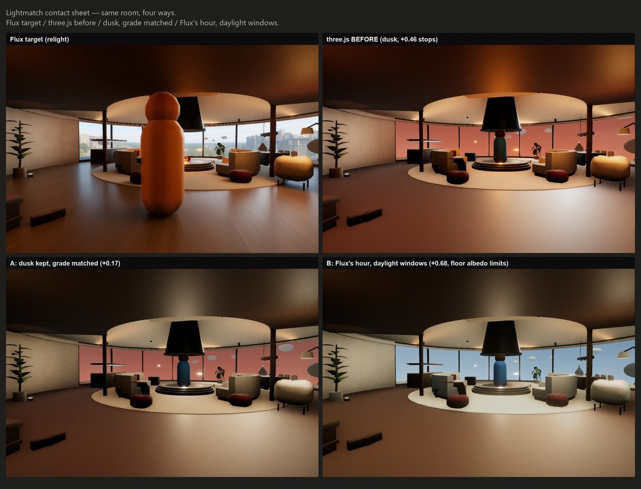 Four-panel contact sheet: Flux target, three.js before, dusk with the grade matched, and Flux's hour with daylight windows