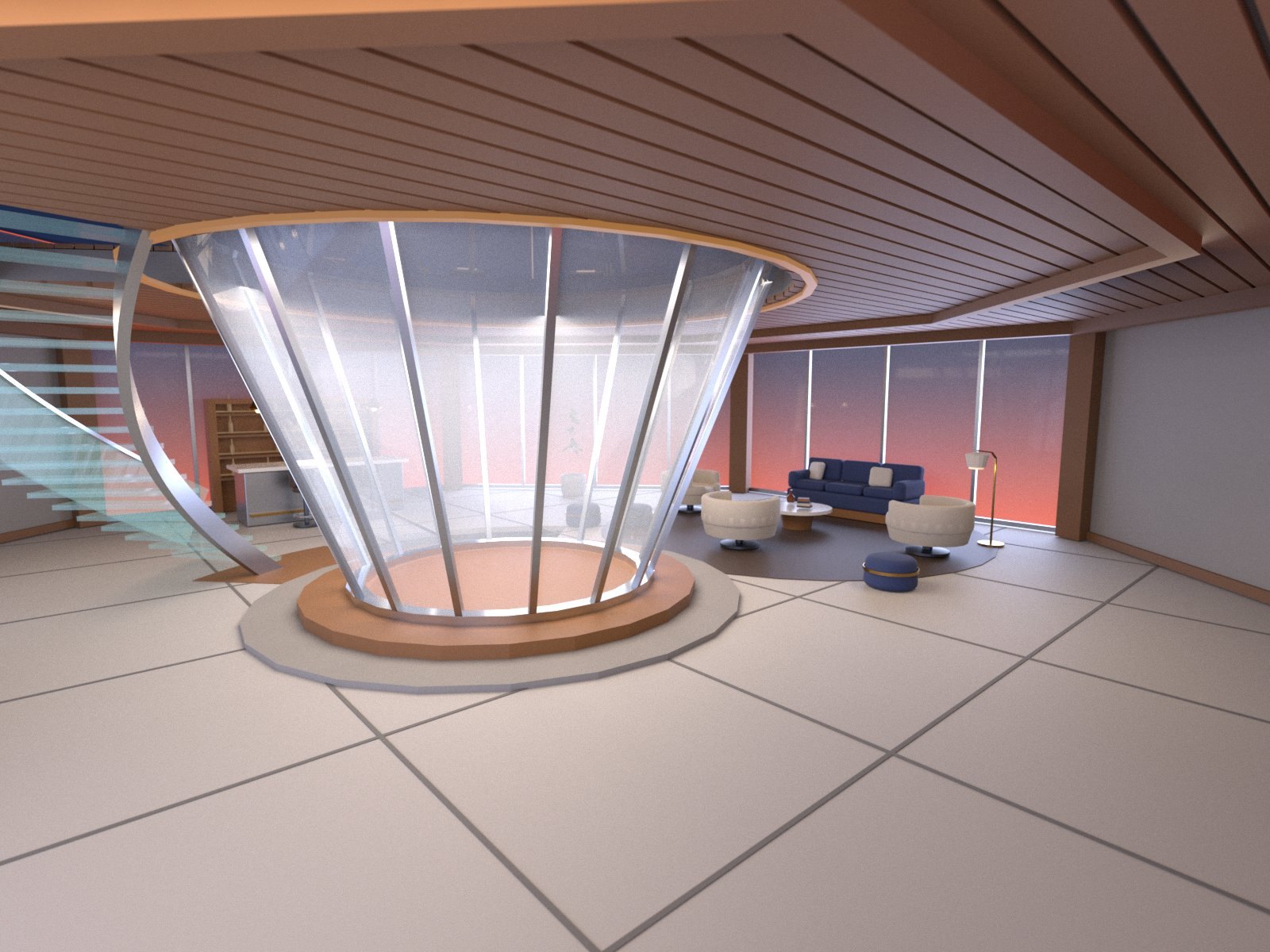 Octane render of the Spire living room, glass atrium cone at dusk