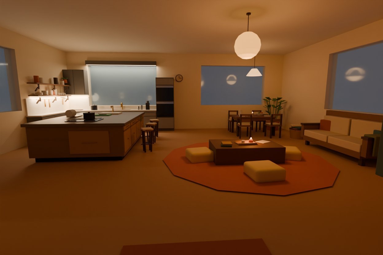 The same villa kitchen camera rendered in Cycles